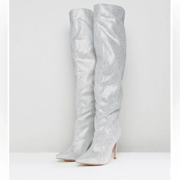 ALDO CLAIRA CRYSTAL SLOUCH STILETTO BOOTS SILVER, SZ 7.5 - Picture 3 of 6